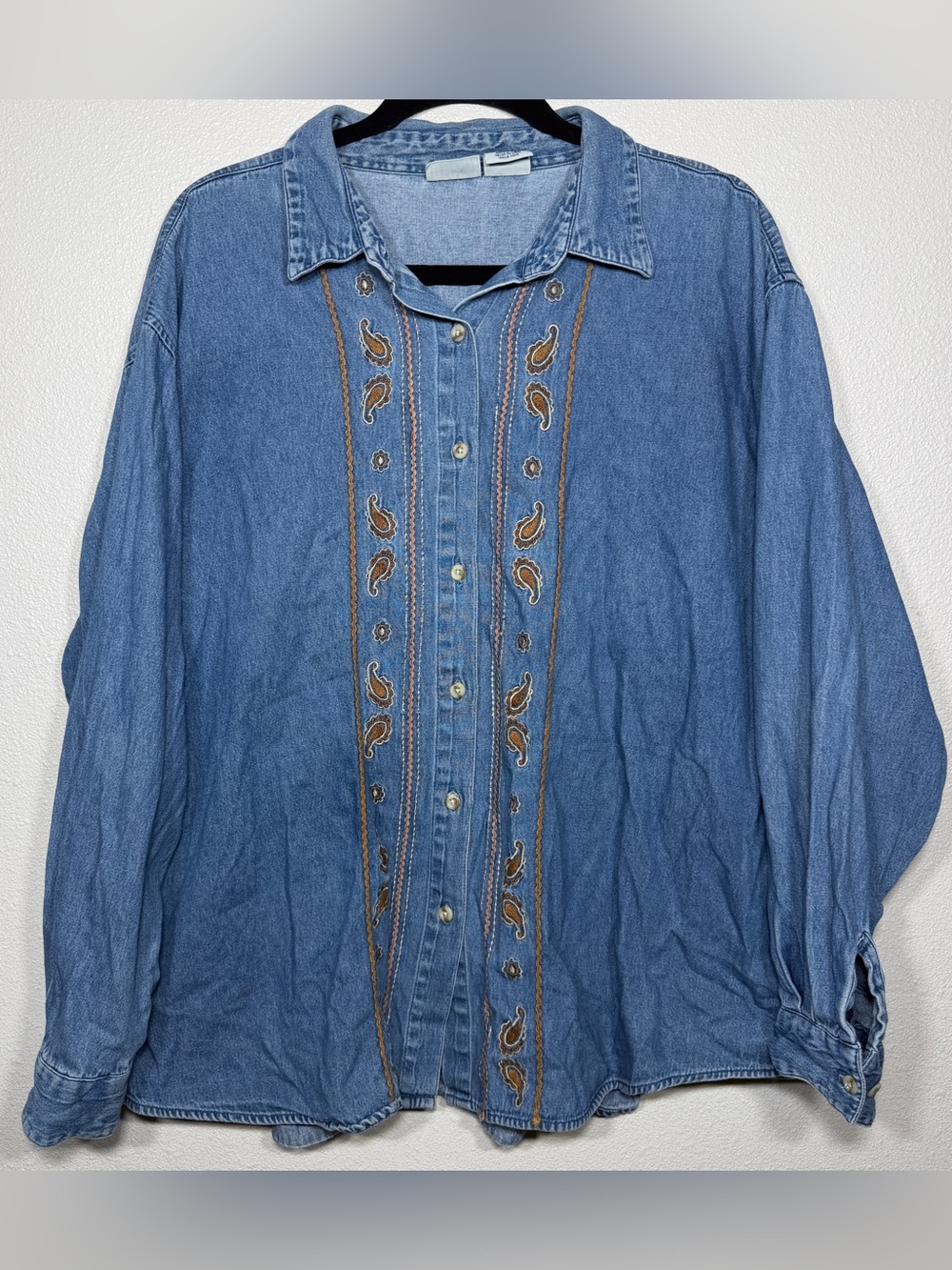 Cabin Creek 2X Vintage Denim Button-Down Shirt with Paisley Embroidery